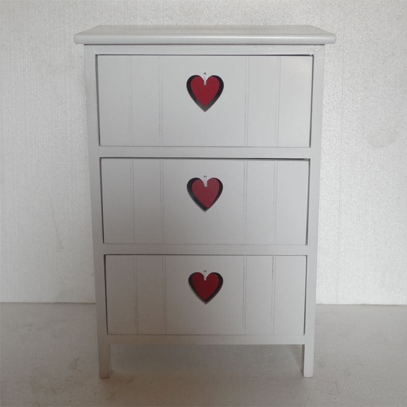 White Paulownia Cabinet 3 Heart Drawer (With Red Heart Shape Handle)