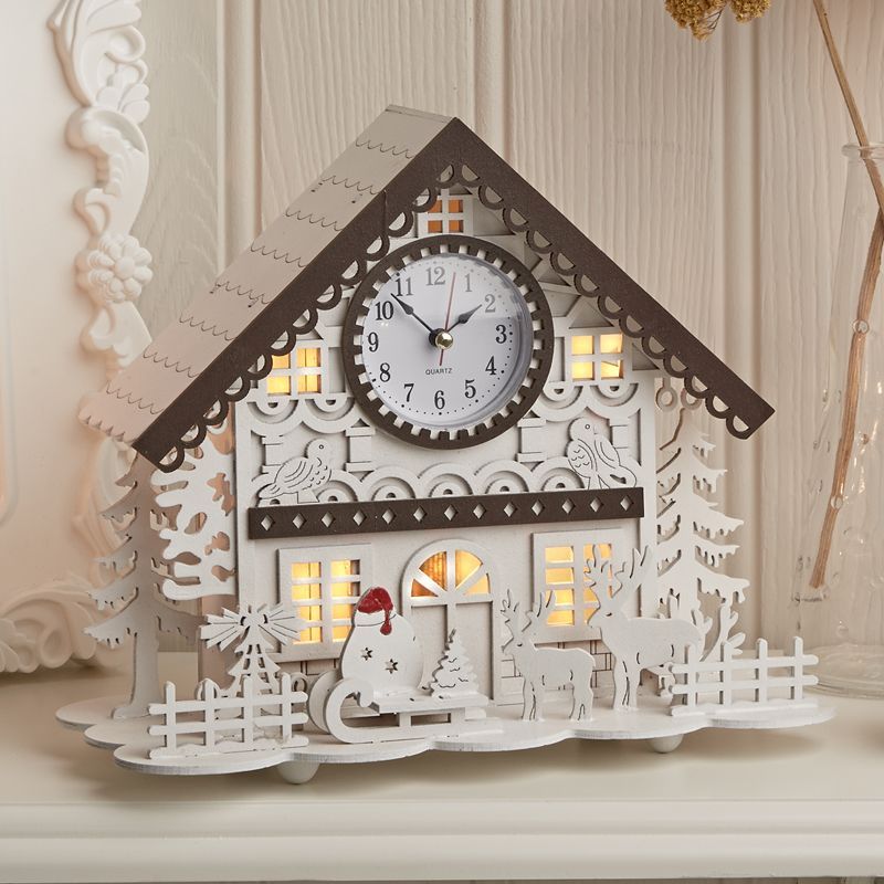 Festive Decorative Wooden House with Clock with Warm White LED Lights