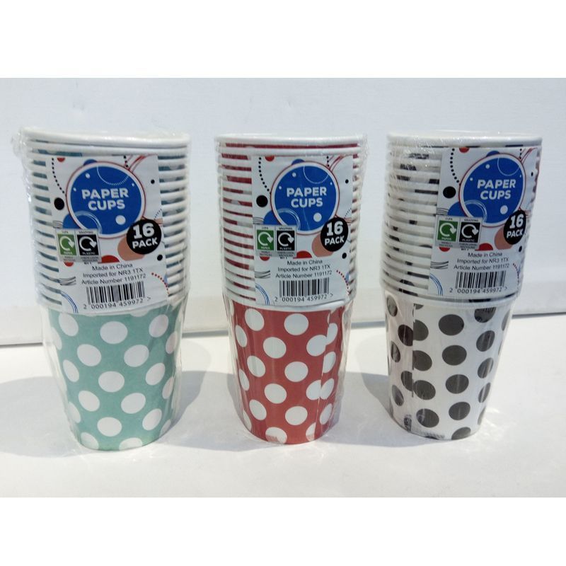 16 Pack of Paper Cups - Red with White Spots