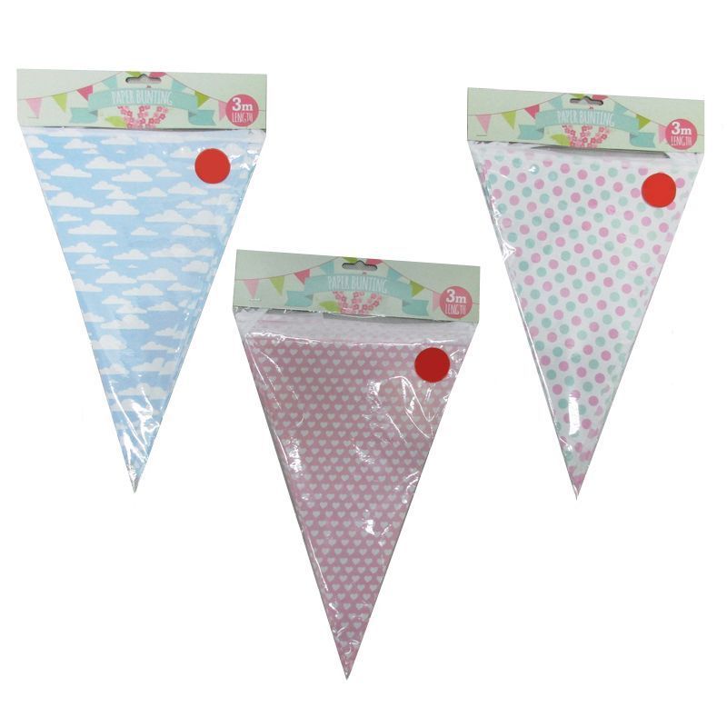 3 Metre Paper Bunting Triangles - Pink with White Hearts