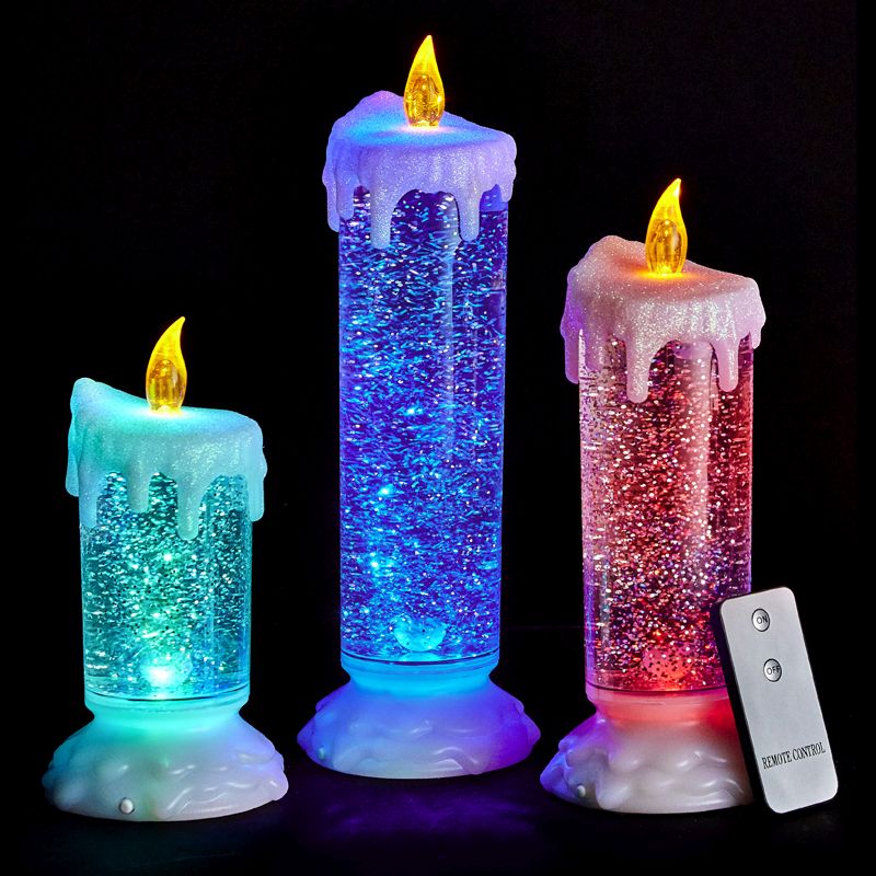 Set Of 3 Led Water Glitter Candles