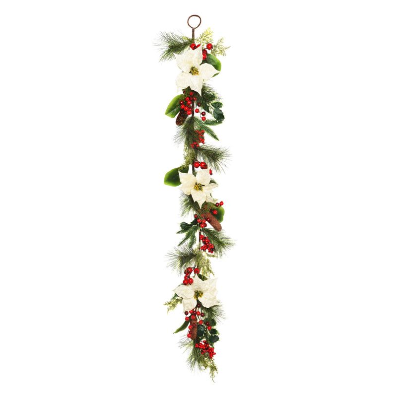 Garland Christmas Decoration Green & Cream with Pinecones & Poinsettia Pattern - 150cm 