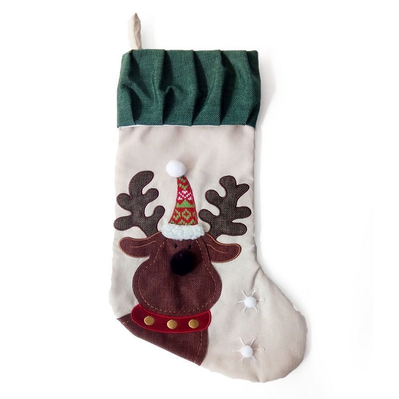 Christmas Stocking Light Brown & Green with Reindeer Pattern - 51cm by Christmas Inspiration