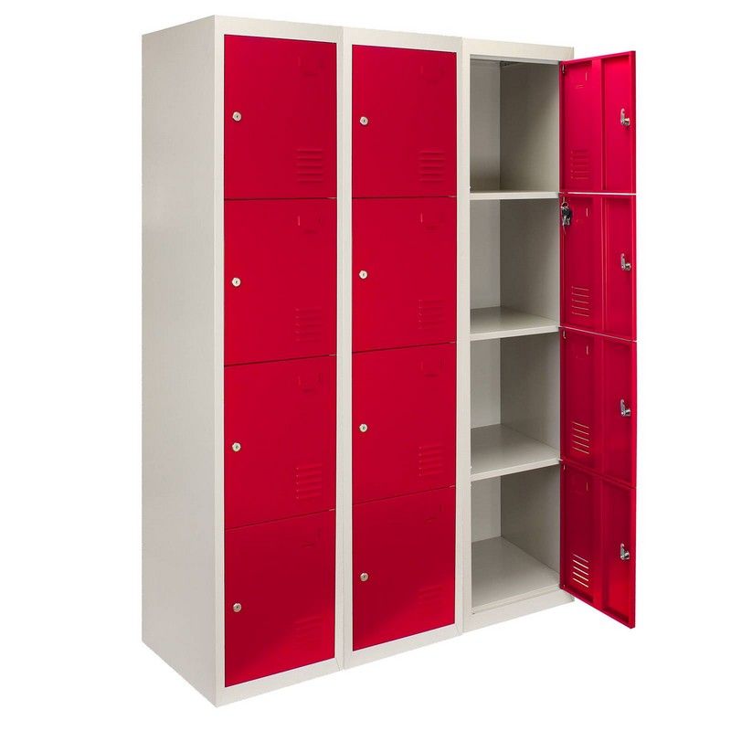 Steel Lockers 12 Compartments 180cm - Grey & Red Set Of Three Flatpack by Raven