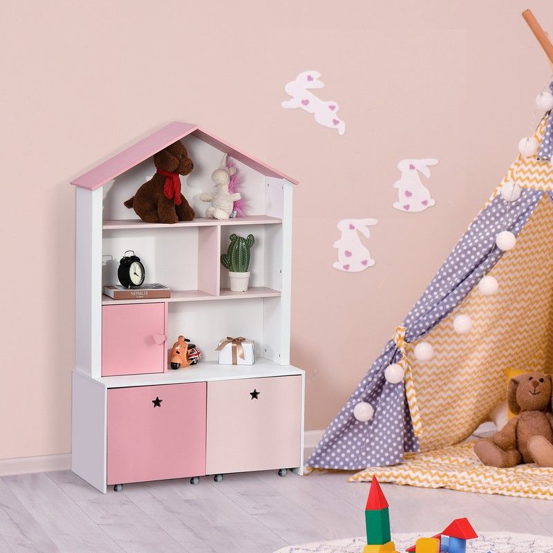 Homcom Kids Bookshelf Chest W/ Drawer With Wheels Baby Toy Wood Organizer Display Stand Storage Cabinet 80X34X130cm Pink