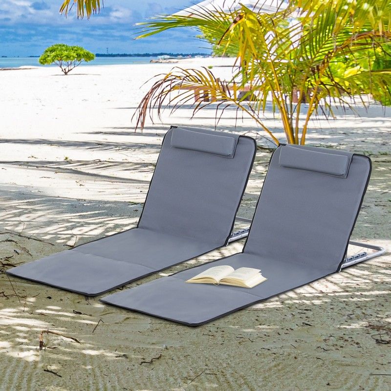 Outsunny Set of 2 Foldable Garden Beach Chair Mat Lightweight Outdoor Sun Lounger Seats Adjustable Back Metal Frame PE Fabric Head Pillow w/ Carry Bag