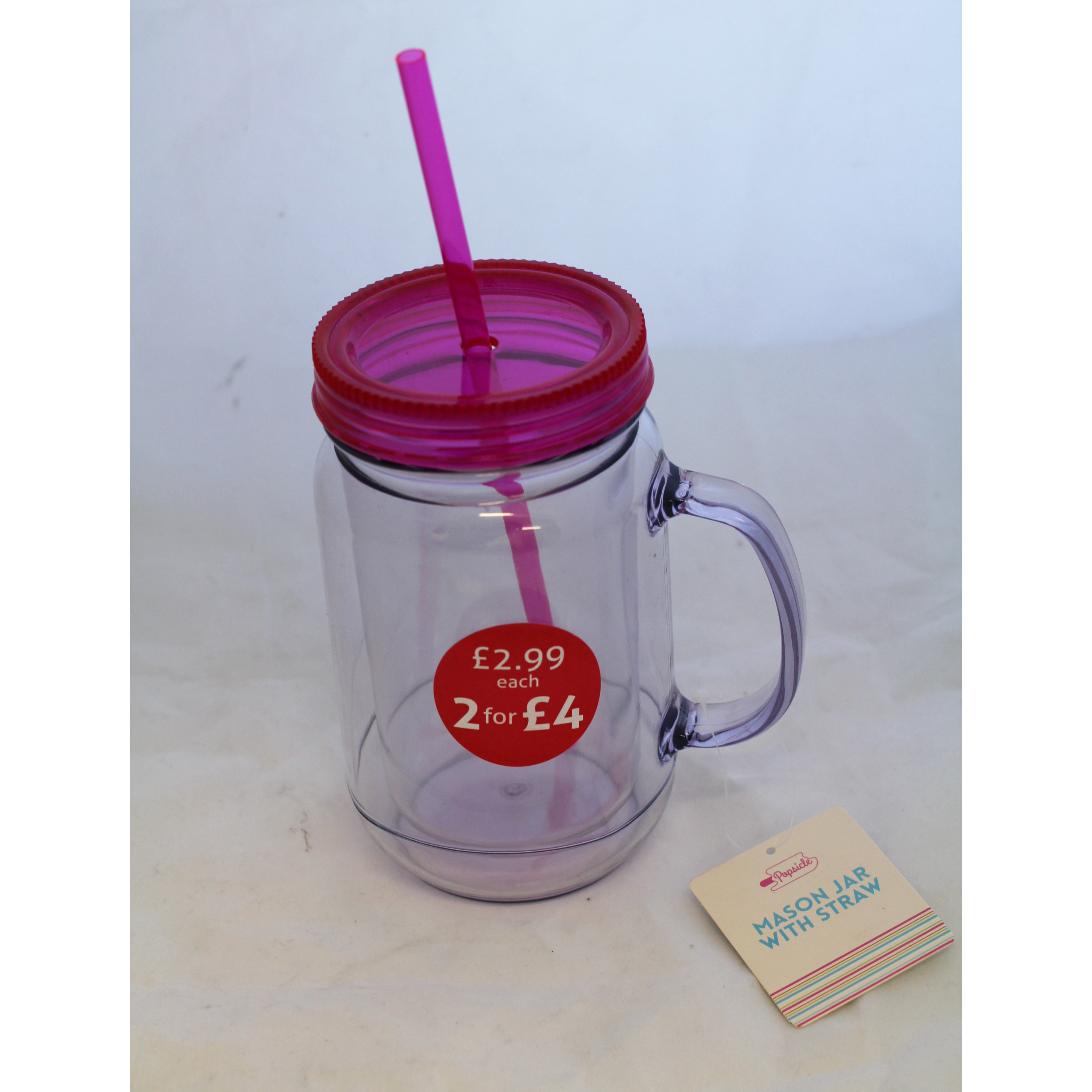 Mason Jar With Handle and Straw - Pink