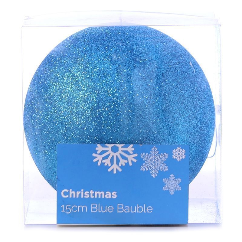 Festive Christmas Decoration Plastic Ball - Blue (15 cm) - Glitter