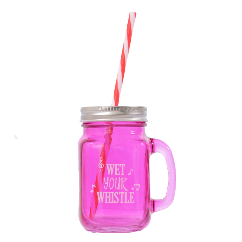 Pink Glass Mason Jar with Handle, Lid and Straw