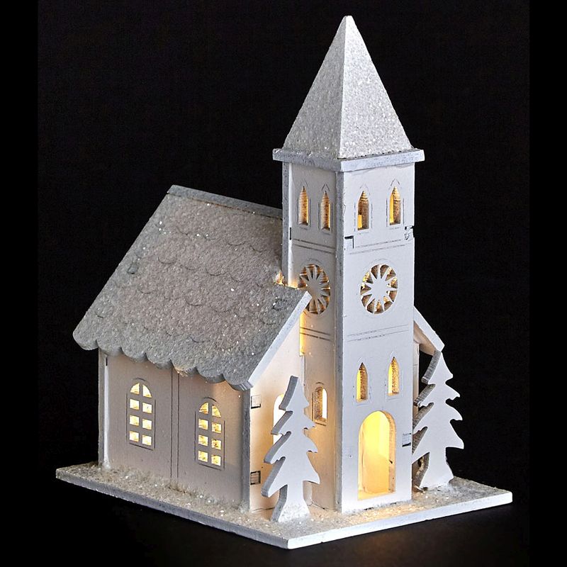 White LED Wooden Church with Trees