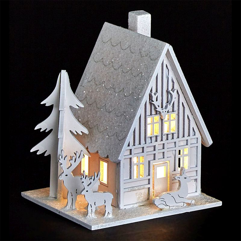 White LED Wooden House with Reindeer