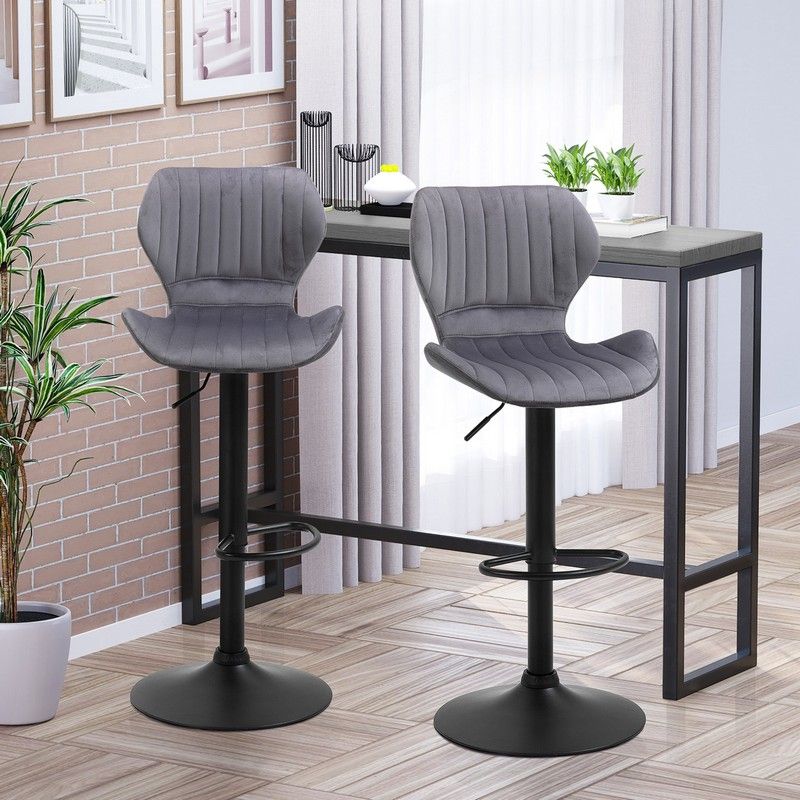 Homcom Bar Stool Set Of 2 Velvet-Touch Fabric Adjustable Height Swivel Counter Chairs With Footrest Grey