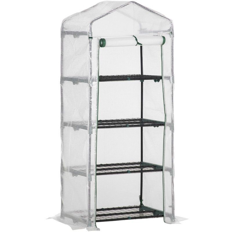 Outsunny 4 Tier Mini Greenhouse Portable Green House With Steel Frame Pe Cover Roll-Up Door 70 X 50 X 160 cm White
