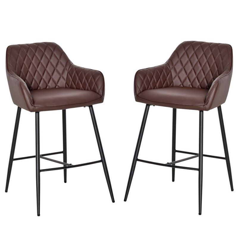 Homcom Set Of 2 Bar Stools Retro Pu Leather Bar Chairs W/ Footrest Metal Frame Comfort Support Stylish Dining Seating Home Brown