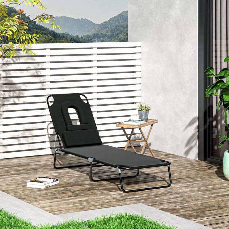 Outsunny Sun Lounger Foldable Reclining Chair with Pillow and Reading Hole Garden Beach Outdoor Recliner Adjustable Black