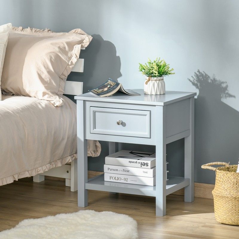 Homcom Bedside End Table Nightstand w/ Drawer Open Shelf Table Top Metal Handle Classic Home Stylish Furniture Grey