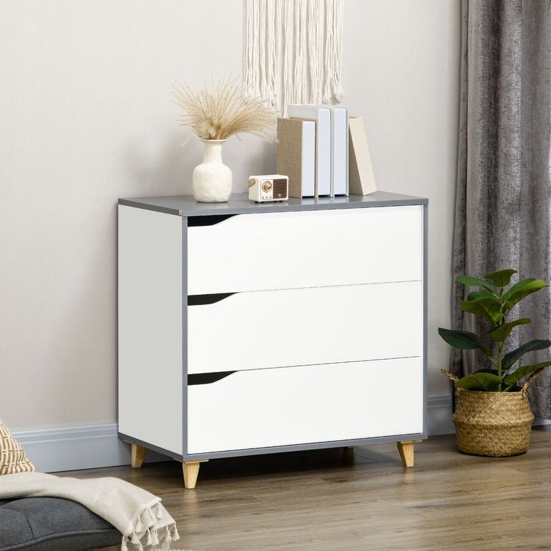 Homcom Drawer Chest 3-Drawer Storage Cabinet Unit With Pine Wood Legs For Bedroom Living Room 75cmx42cmx75cm White
