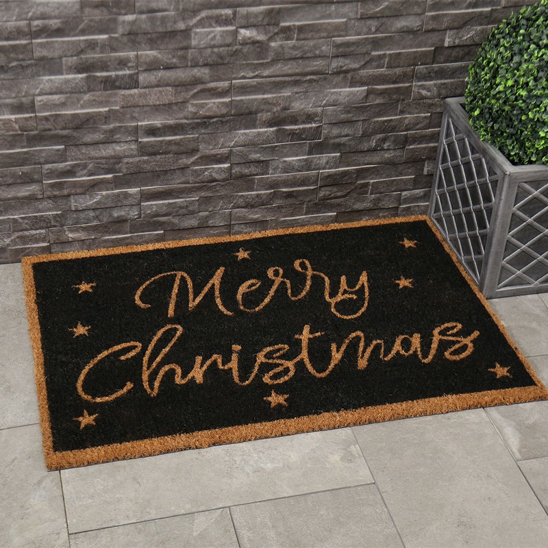 Doormat Christmas Decoration Black with Merry Christmas Text - 60cm by Wensum