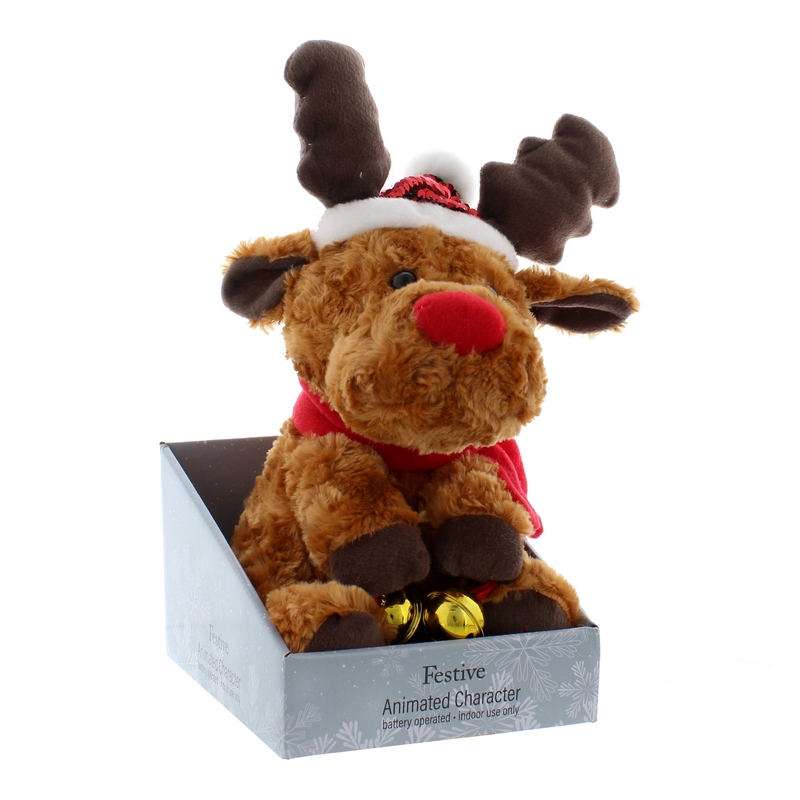Animated Reindeer Christmas Decoration Brown & Red with Sequin Pattern - 31cm 