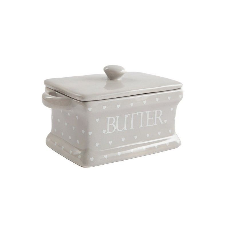 Butter Dish Ceramic Grey with Heart Pattern - 18.5cm