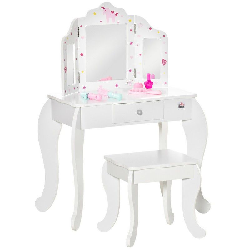 Homcom Kids Vanity Table & Stool Girls Dressing Set Make Up Desk Chair Dresser Play Set With Rotatable Mirrors Drawer Star & Heart Pattern White