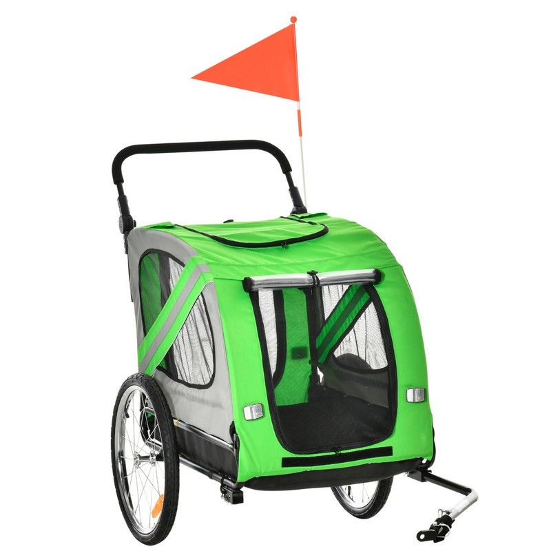 PawHut 2-In-1 Dog Bike Trailer Pet Stroller Pushchair with Universal Wheel Reflector Flag Green