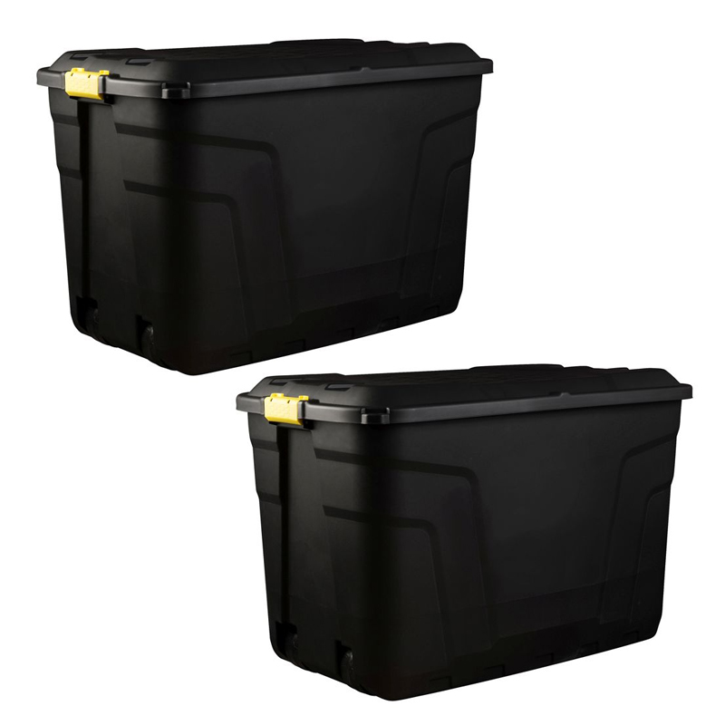2 x Plastic Storage Box 2 Wheels 190 Litres Extra Large - Black Heavy Duty by Strata