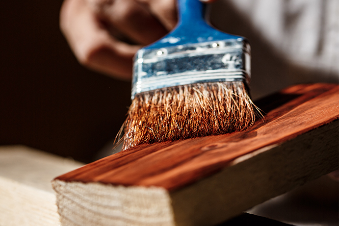 Up close of a blue handled paintbrush applying a coat of varnish to timber