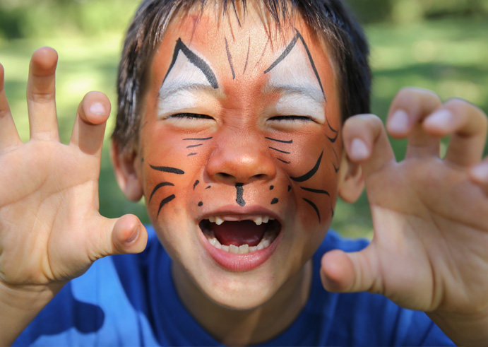 Little boy with face painted in a tiger design
