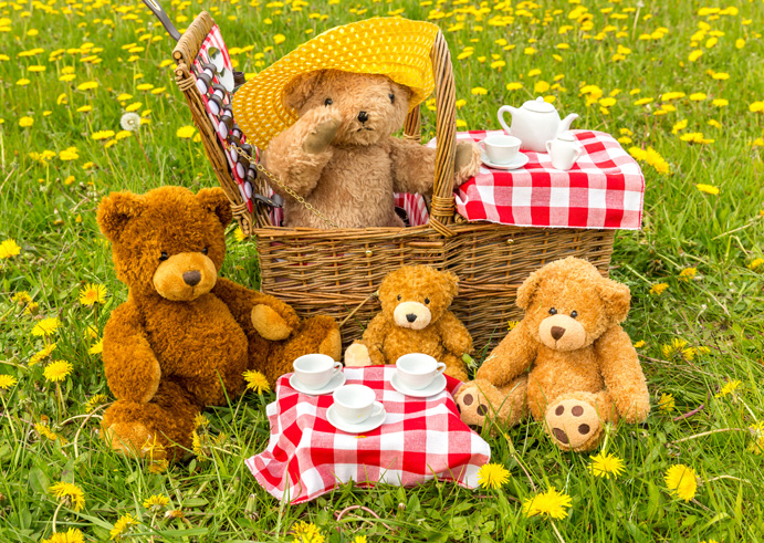 teddy bears in and around a picnic basket on a meadow during summer holidays