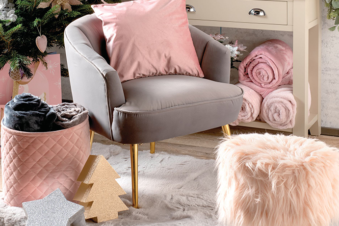Living room up close with grey and pink colour scheme