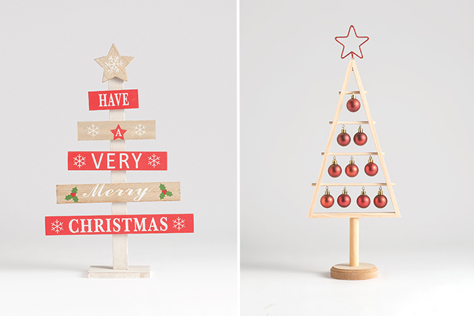 Wooden tree shaped decorations with red detailing