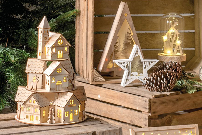 Close of up wooden houses style decoration with light up decorations