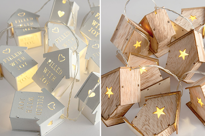 White wooden house shape fairy lights and plain wooden house shaped fairy lights