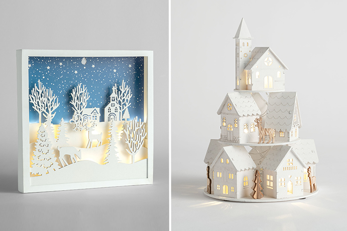 Light up framed Winter scene and light up stacked house decoration
