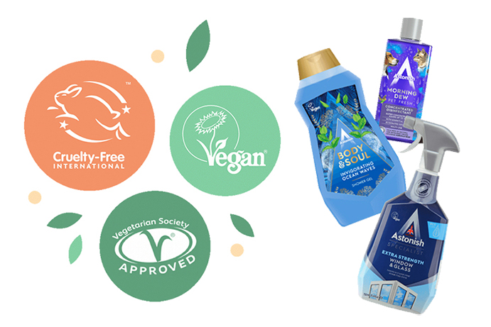 Icons for cruelty free international, vegan and vegetarian society approved.