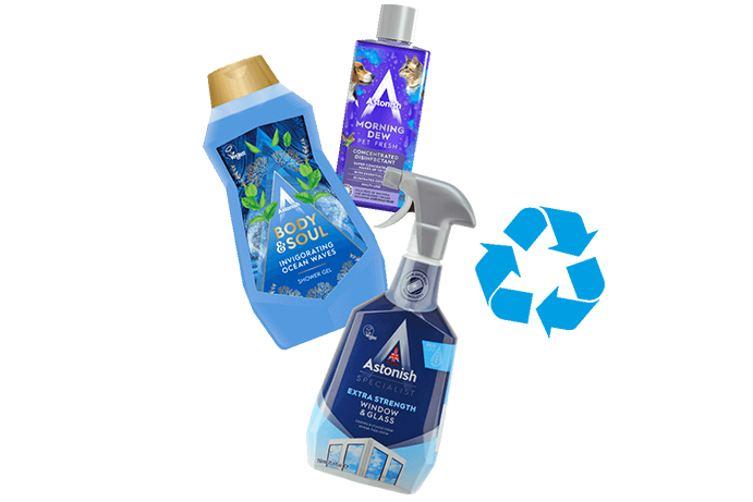 Three Astonish cleaning products with a recycling symbol in blue.