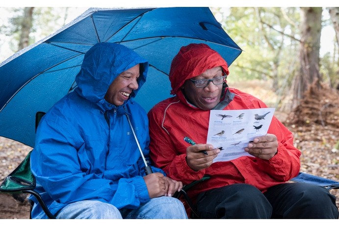Two men in raincoats sitting in a woodland area studying their bird finder sheet.