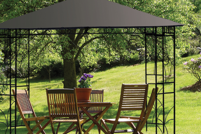 Metal gazebo with a charcoal canopy covering a wooden garden furniture set