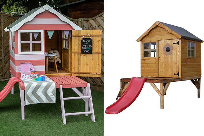 A painted playhouse in pink and white stripes to the left and the plain timber model on the right