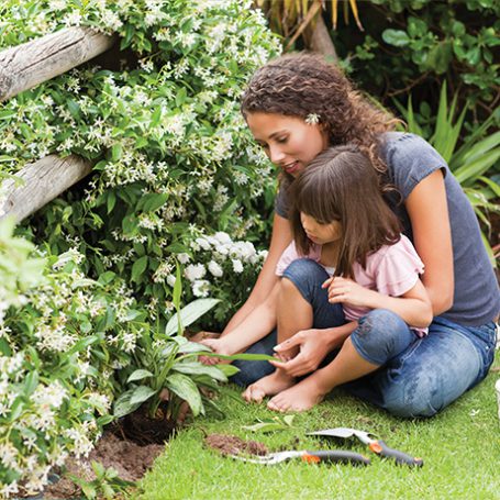 Lady and child planting a shrub in a garden border