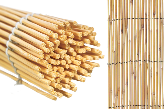 rolled up bamboo reed screening to the left and rolled out screening to the right