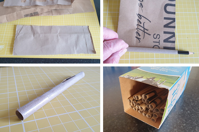 old paper bags being cut into strips