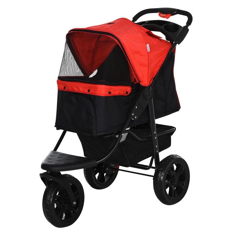 Oxford Cloth Folding 3 Wheel Pet Stroller Dog Trolley Red Black