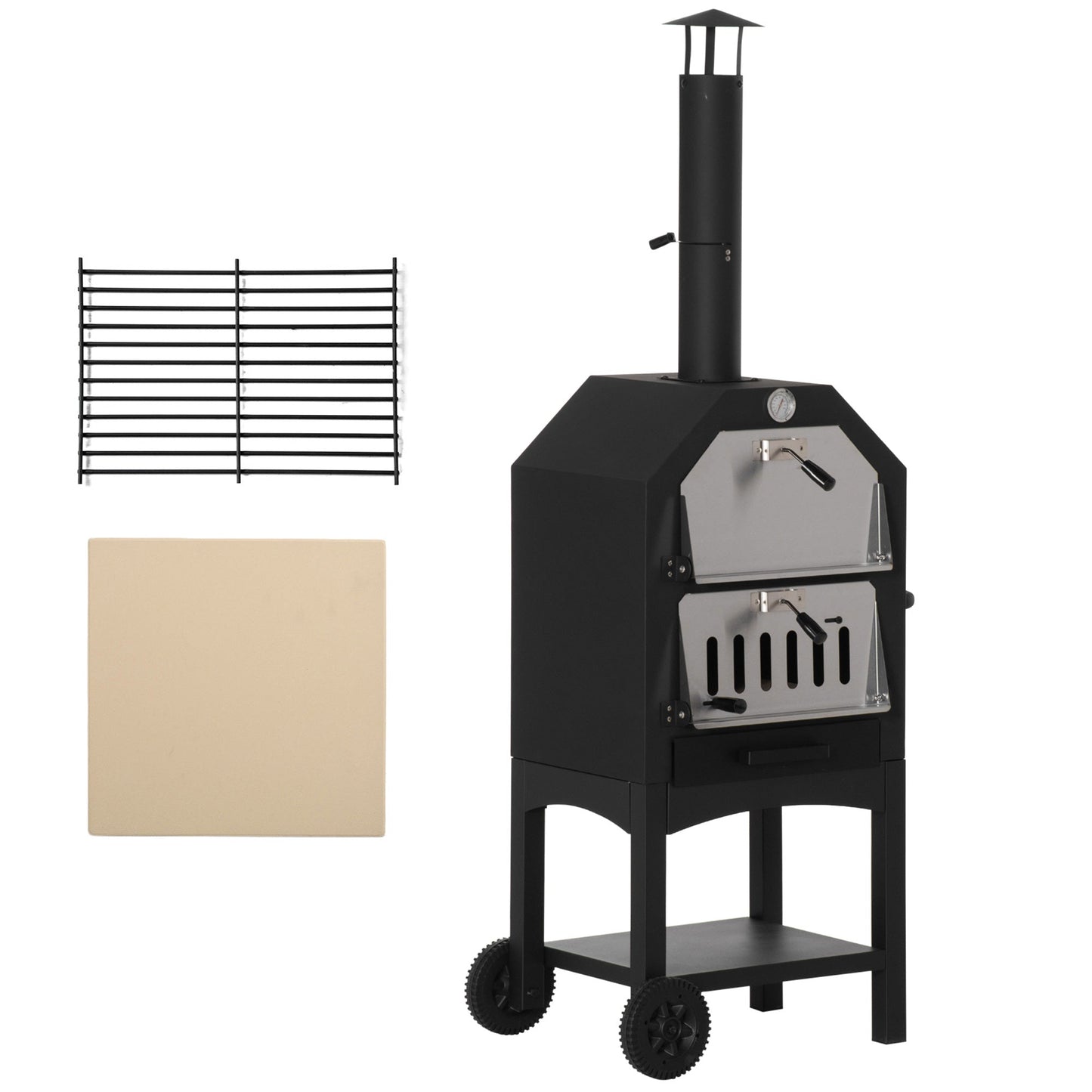 Outdoor Garden Pizza Oven Charcoal BBQ Grill 3-Tier Freestanding w/ Chimney