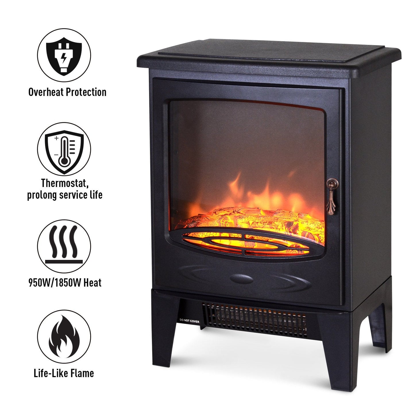 Electric Heater Freestanding Fireplace Artificial Flame Effect w/ Safety Thermostat 950w/1850W Tempered Glass Casing-Black