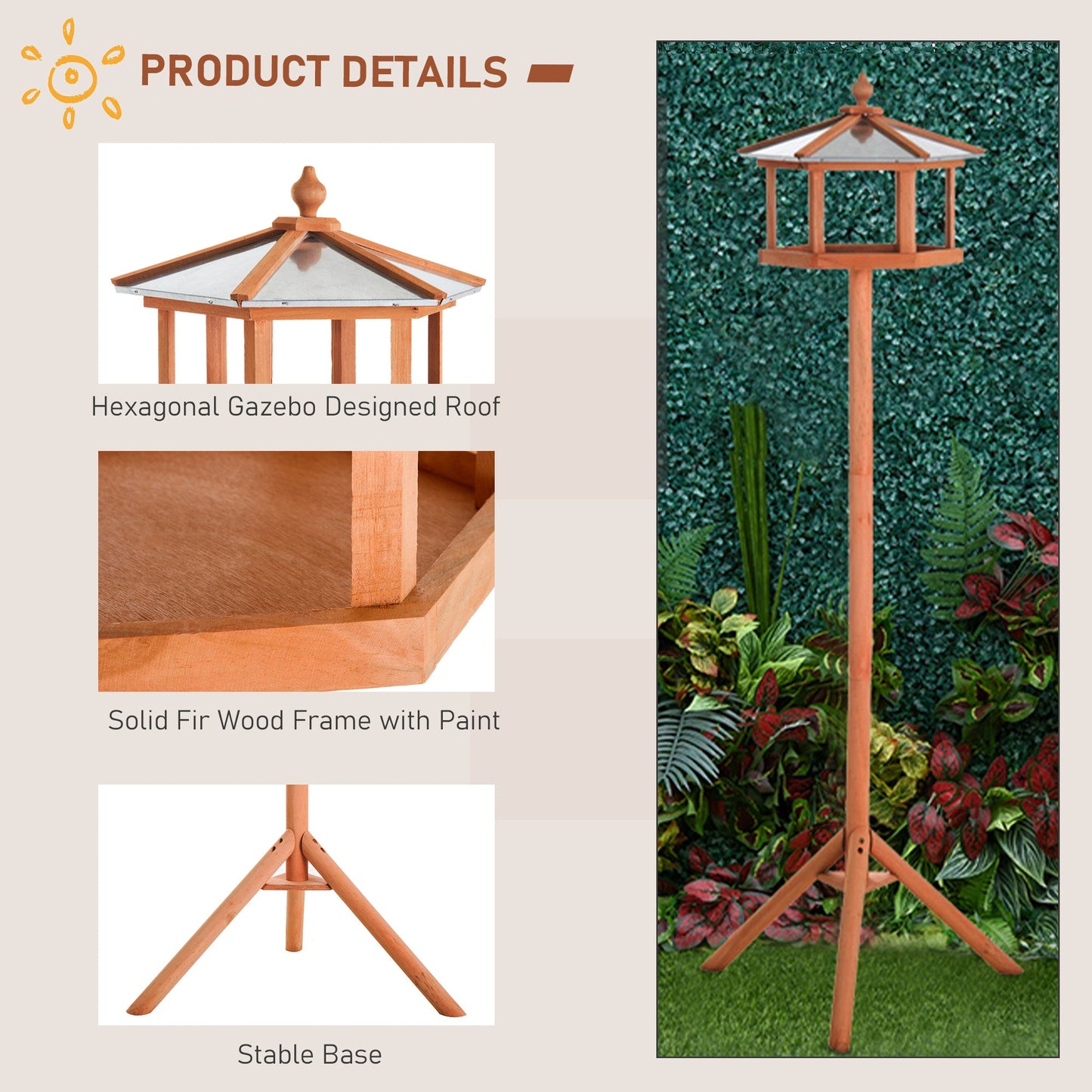 Charm 153cm High Rise Bird Feeder Table Natural by Pawhut
