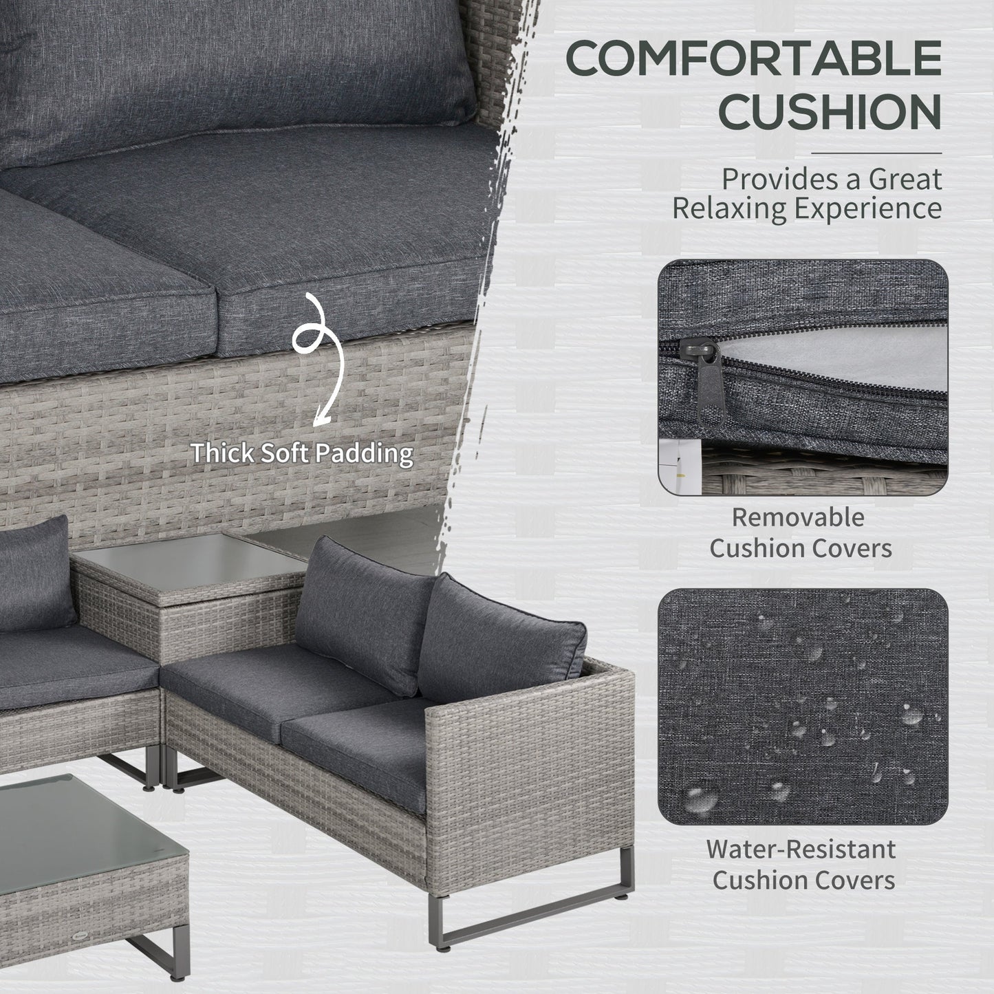4-Piece PE Rattan Wicker Sofa Set Outdoor Conservatory Furniture Lawn Patio Coffee Table w/ Side Storage Box & Cushion