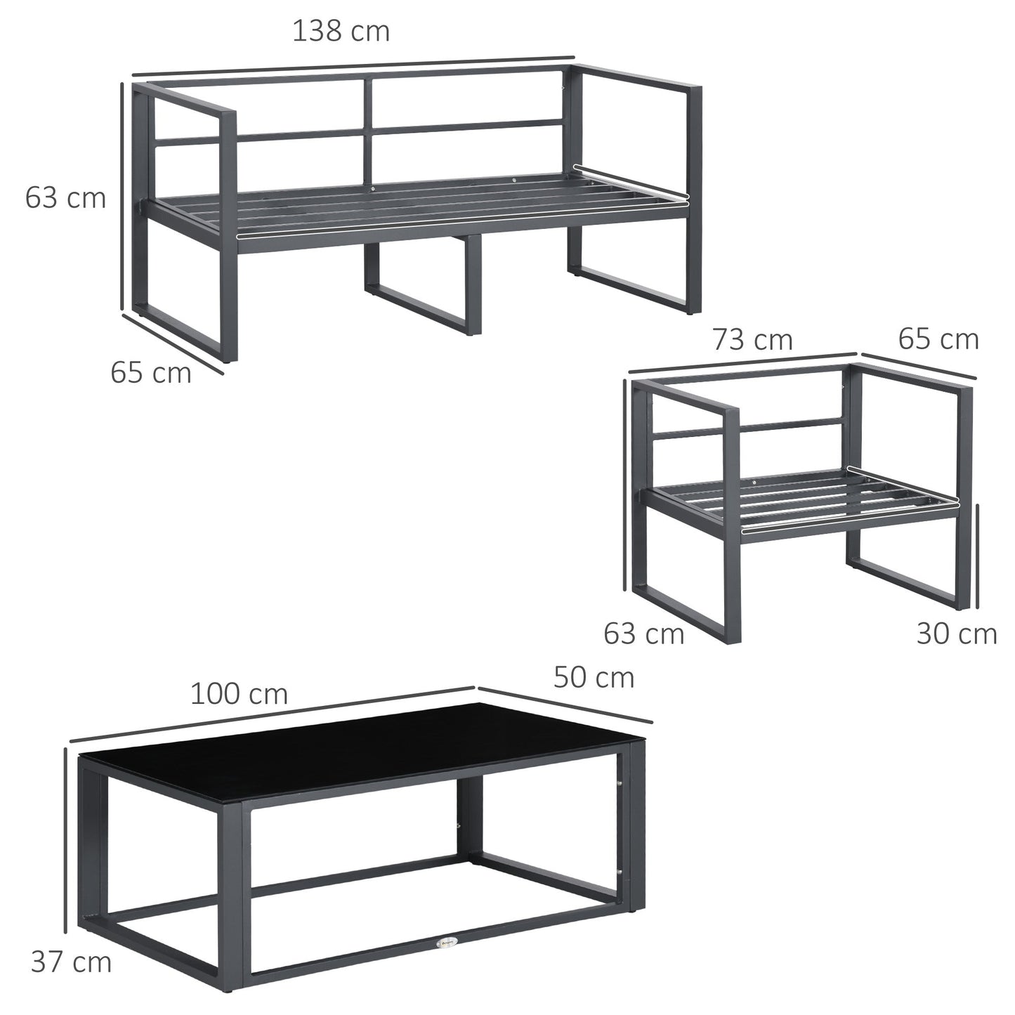 4-Pieces Garden Sofa Set 2 Single Armchair 1 Bench & Side Table Set Aluminium Frame Patio Furniture with Cushions Grey