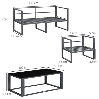 4-Pieces Garden Sofa Set 2 Single Armchair 1 Bench & Side Table Set Aluminium Frame Patio Furniture with Cushions Grey